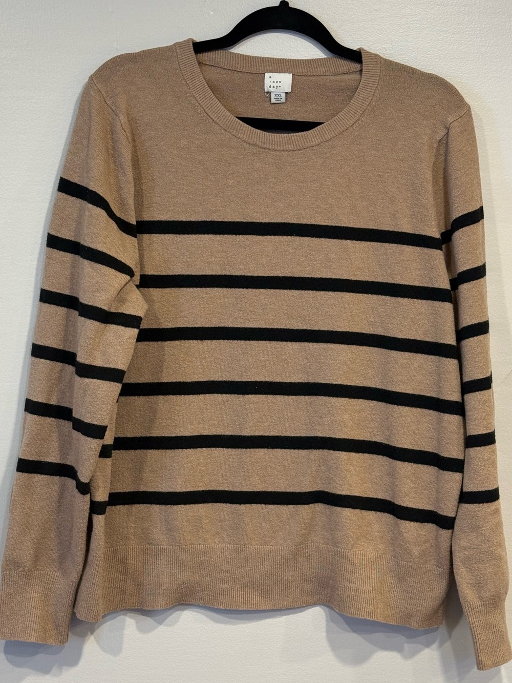 A New Day Tan & Black Stripes Pullover Crewneck Cozy Ribbed Sweater Women's XXL